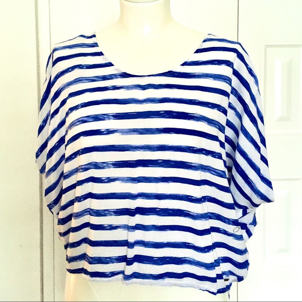 HANG TEN blue & white stripe hi lo scoop neck top